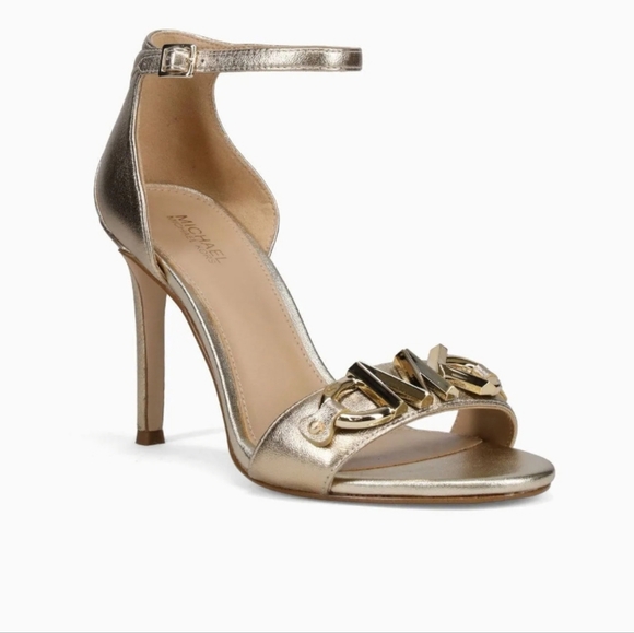 Michael Michael Kors Izzy Pale Gold Metallic Leather Heeled Sandals Size 8 - Picture 4 of 14